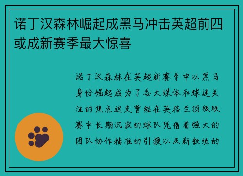诺丁汉森林崛起成黑马冲击英超前四或成新赛季最大惊喜