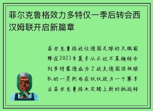 菲尔克鲁格效力多特仅一季后转会西汉姆联开启新篇章